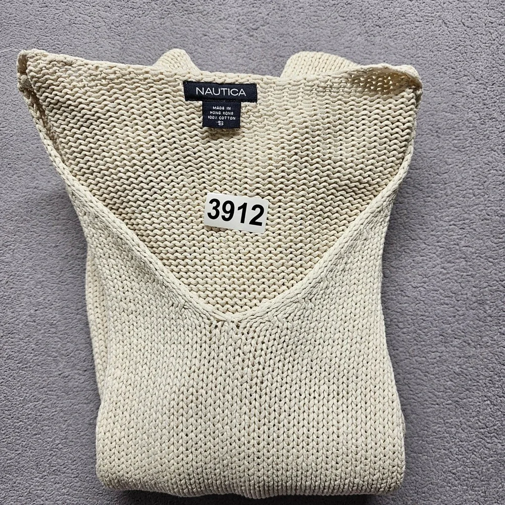 Nautica Chunky Knit Sweater Womens Size Small Cream Long Sleeve V-Neck Pullover
